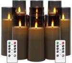 kakoya Flickering Flameless Candles Battery Operated with Remote and 2/4/6/8 H Timer Plexiglass Led Pillar Candles Pack of 9 (D2.3 xH 5" 6" 7") with Realistic Moving Wick Candles for Home Decor(Grey)