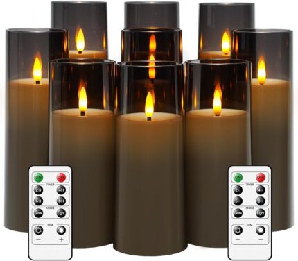 kakoya Flickering Flameless Candles Battery Operated with Remote and 2/4/6/8 H Timer Plexiglass Led Pillar Candles Pack of 9 (D2.3 xH 5" 6" 7") with Realistic Moving Wick Candles for Home Decor(Grey)