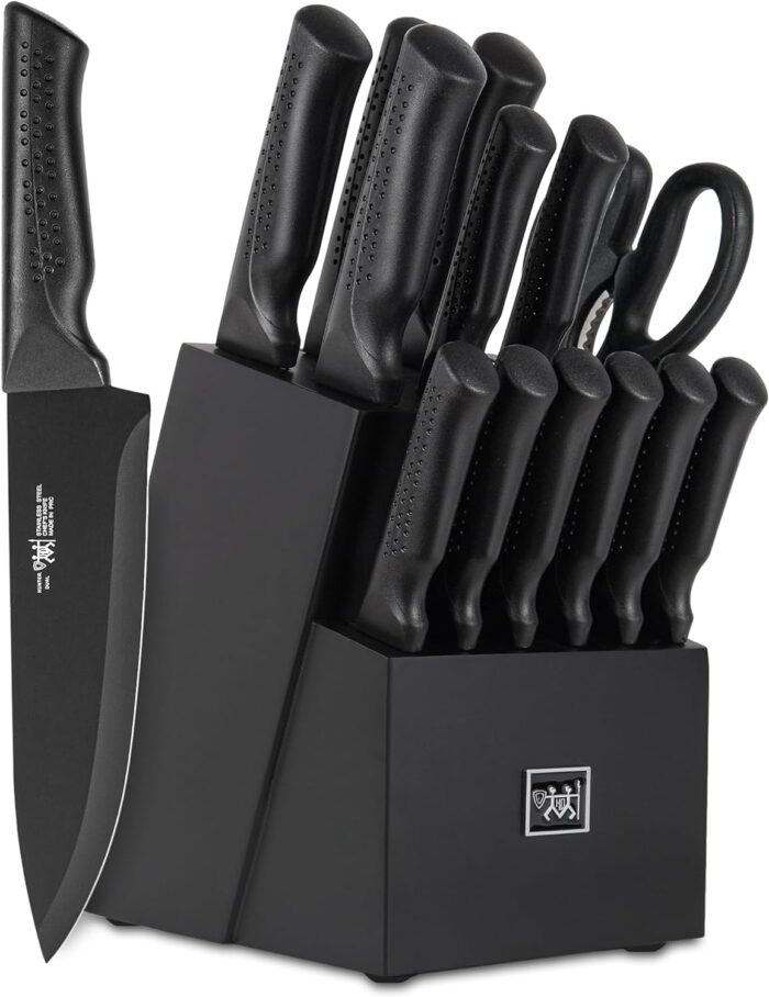 knife set, 15 Pcs Black knife sets for kitchen with block Self Sharpening, Dishwasher Safe, 6 Steak Knives, Anti-slip handle