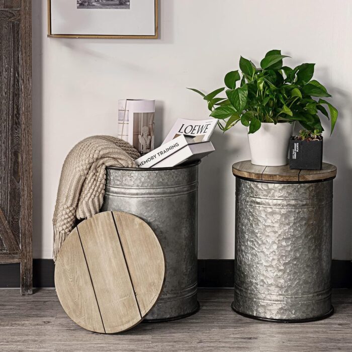 oneinmil Rustic End Table with Storage Bins Farmhouse Furniture Galvanized Metal Stool Ottoman Seat with Round Wood Lid Set of 2