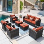 ovios Patio Furniture Set, 7 Pieces Outdoor Wicker Rattan Sofa Couch with 4 Chairs, Ottomans and Comfy Cushions, All Weather High Back Conversation Set Garden Backyard, Orange Red