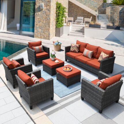 ovios Patio Furniture Set, 7 Pieces Outdoor Wicker Rattan Sofa Couch with 4 Chairs, Ottomans and Comfy Cushions, All Weather High Back Conversation Set Garden Backyard, Orange Red