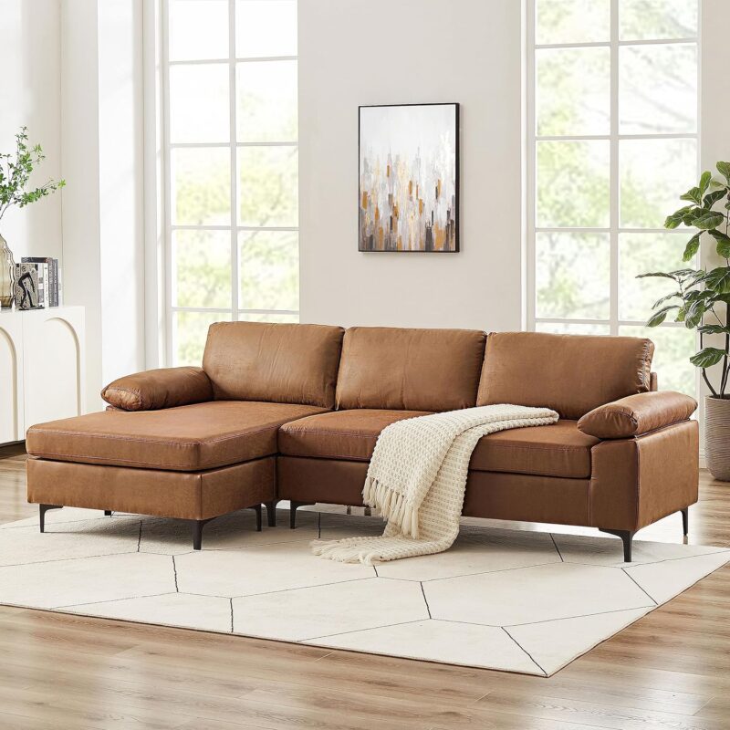 100" Sectional Sofa, Faux Leather Mid-Century Modern Reversible Couch, L Shaped 3-Seat Sofa Couch with Chaise for Living Room, Brown