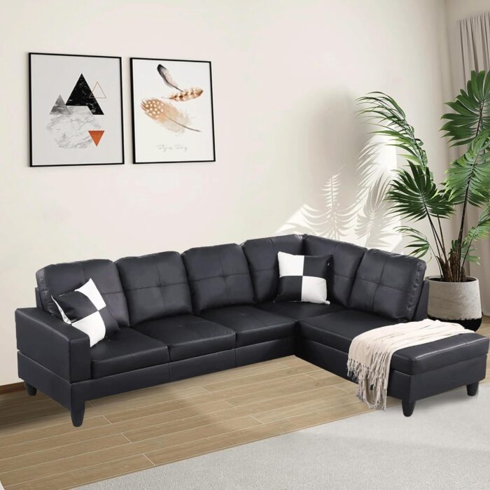 103” Sectional Sofa with Chaise, Modular Sectional Sofa Set, Leather Convertible Sectional Couch L Shaped Couch with Chaise, U Shaped Modular Sofa with Storage, Couches for Living Room, Black