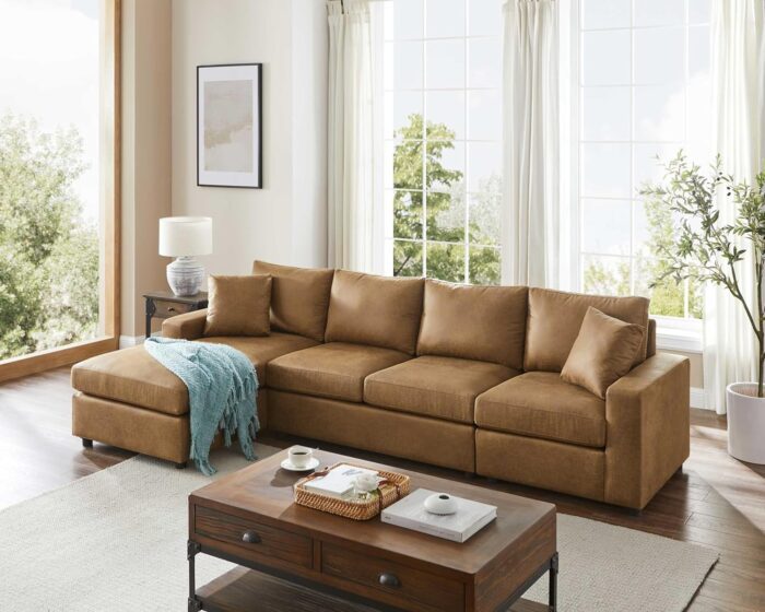 116'' Faux Leather Sectional Sofa, L-Shaped Five-Seat Living Room Sofa Couch, Chaise Longue on The Left, Light Brown