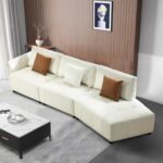 120'' Leather Sectional Sofa Couch, Genuine Leather Modular Sofa with Pillows, Modern Upholstered Curved Sofa, L-Shaped Couch with Chaise Lounge, 4-Seater Sofa Couch for Living Room, Apartment, Beige