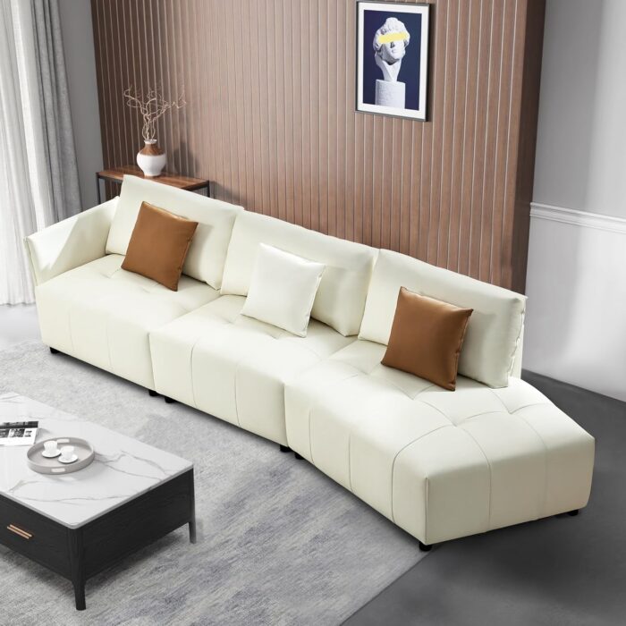 120'' Leather Sectional Sofa Couch, Genuine Leather Modular Sofa with Pillows, Modern Upholstered Curved Sofa, L-Shaped Couch with Chaise Lounge, 4-Seater Sofa Couch for Living Room, Apartment, Beige