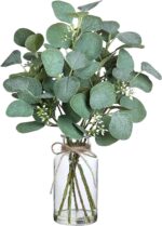 VIERENA Artificial Eucalyptus Stems in Glass Vase with Faux Water,15" Fake Plant Eucalyptus Leaves White Seeds for Centerpiece Table Decorations Farmhouse Wedding Home Greenery Decor (Grey Green)