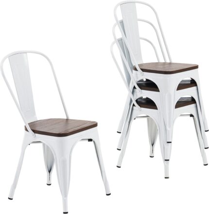 Nazhura Metal Dining Chair Farmhouse Tolix Style for Kitchen Dining Room Café Restaurant Bistro Patio, 18 Inch, Stackable, Waterproof Indoor/Outdoor (Sets of 4) (White with Wood Padding)