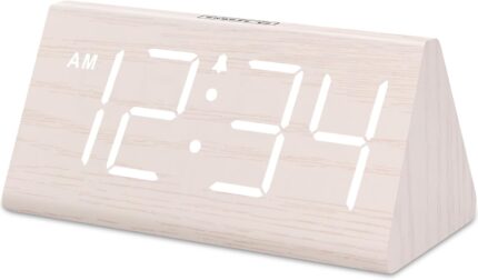 DreamSky Wooden Digital Alarm Clocks for Bedrooms - Electric Desk Clock with Large Numbers, USB Port, Battery Backup, Adjustable Volume, Dimmer, Snooze, DST, 12/24H, Living Room Wood Décor