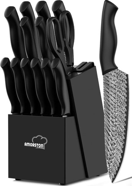 Knife Set, 15 Pieces Kitchen Knife Set with Built in Knife Sharpener Block