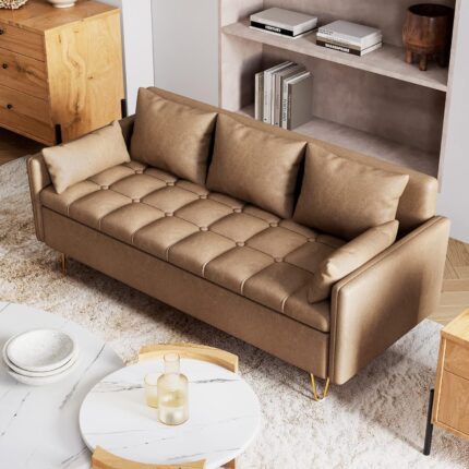 IDEALHOUSE Sofa Couch for Living Room, 3-Seater Sofas with Hand Stitched Comfortable Cushion, Faux Leather Sofa with Gold Metal Legs and Lift-Up Storage, Light Brown