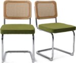 17.5" Modern Cesca Cane Dining Chairs, Set of 2, Handwoven Rattan Cane Back, Chrome Base, Upholstered Cotton Seat, Ideal for Kitchen or Dining Room, Green