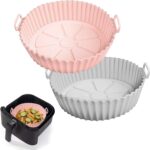 2 Pack Air Fryer Silicone Liners Pot for 3 to 5 QT, Air Fryer Silicone Basket Bowl, Replacement of Flammable Parchment Paper, Reusable Baking Tray Oven Accessories, Pink+Grey, (Top 8in, Bottom 6.75in)