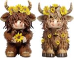 2 Pack Highland Cow Brown Scottish Highland Cow Gnomes with Sunflower Resin Figurine Calf Gnome Herd Gnome Gifts for Farmhouse Table Home Garden Decorations