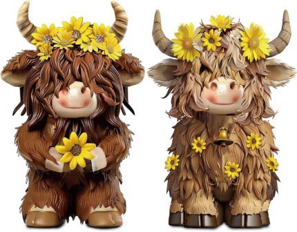 2 Pack Highland Cow Brown Scottish Highland Cow Gnomes with Sunflower Resin Figurine Calf Gnome Herd Gnome Gifts for Farmhouse Table Home Garden Decorations