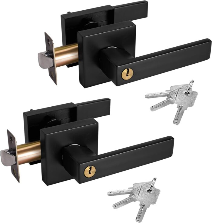 2 Pack Matte Black Door Handle with Key, Reversible Flat Levers with Keyed Alike for Bed & Bath Locksets