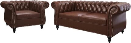 2 Piece Living Room Set, Chesterfield Leather Sofa Couch Chair with Scroll Arms and Nailhead for Living Room, Office (Dark Brown)