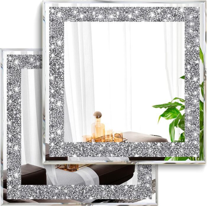 2 Piece Wall Mirrors, Crush Diamond Mirrors Decor, Silver Decorative for Living Room Bedroom, Bathroom. (12”x12”)