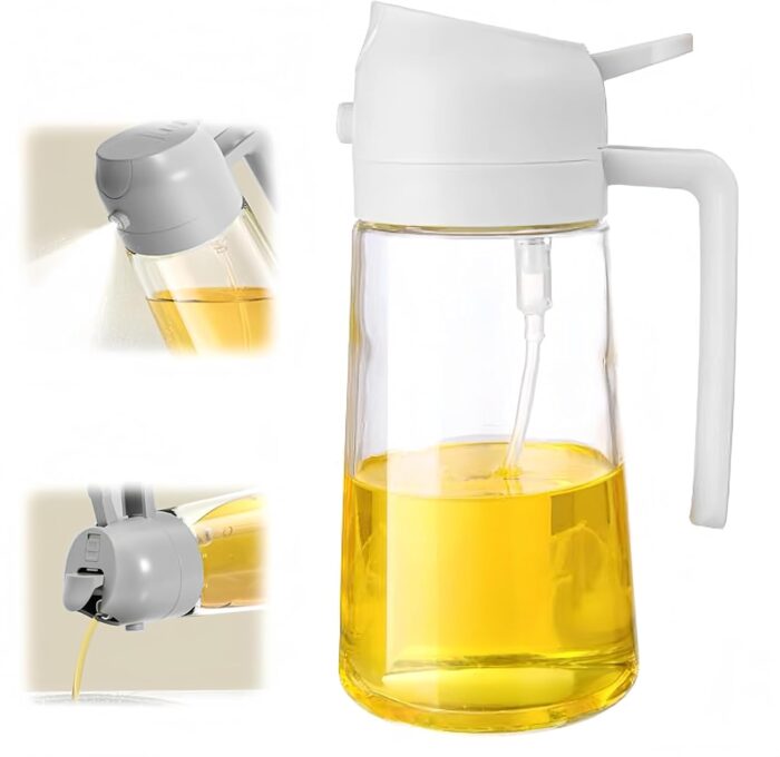 2 in 1 Olive Oil Dispenser Bottle for Kitchen,Oil Sprayer for Cooking, 1.56oz/470ml Premium Glass Oil Bottle, Food-grade Oil Mister for Air Fryer, Salad, Frying, BBQ (White)