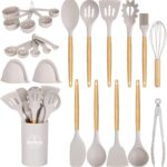 24 Pcs Kitchen Cooking Utensils Set,446°F Heat Resistant Non-Stick Silicone Kitchen Utensil Set With Wooden Handles and Holder,Kitchen Gadgets for Cookware,Kitchen Accessories,Khaki