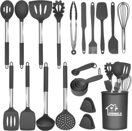 27 Pcs kitchen Utensils Set,446°F Heat Resistant Non-Stick Kitchen Gadgets,Stainless Steel Handle Utensil Sets,Cooking Utensils Set with Holder,Kitchen Accessories,Kitchen Essentials,Dishwasher Safe