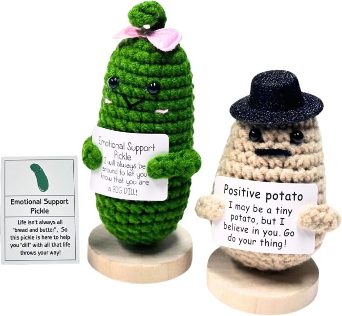 2pcs Handmade Positive Potato, Mini Funny Knitted Emotional Support Pickle for Women, Cute Crochet Animal Dolls as Good Luck Gifts and Room Office Desk Decor for Women Desk Cute