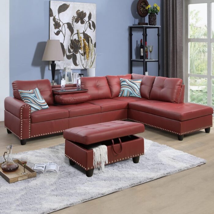 3-Piece Faux Leather Sectional Couch, Button Tufted Upholstered Modular Sofas with Chaise Lounge and Storage Ottoman, Large L-Shaped Living Room Sets w/Foldable Console and Cup Holder (Red)