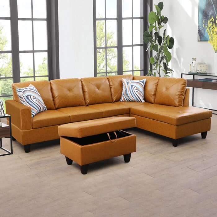 3-Piece Faux Leather Sectional Couch, Modern 5 Seater Corner Upholstered Modular Sofas with Chaise Lounge and Storage Ottoman, Large L-Shaped Living Room Sets w/Right Armrest (Ginger)