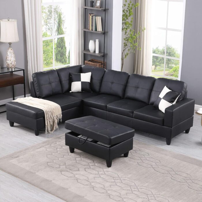 3-Piece L Shape Sectional Sofa with Right Chaise, Storage Ottoman, Modern Faux Leather Living Room Couch Set w/Button Tufted Backrest,for Office and Apartment, 103.5 in, Black