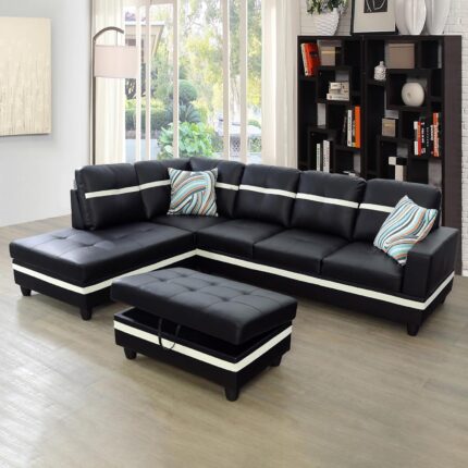 3-Piece Sofa Sets with Chaise Lounge & Storage Ottoman, 6 Seat Corner L-Shape Leather Sectional Couches for Living Room Furniture Office, Black-B