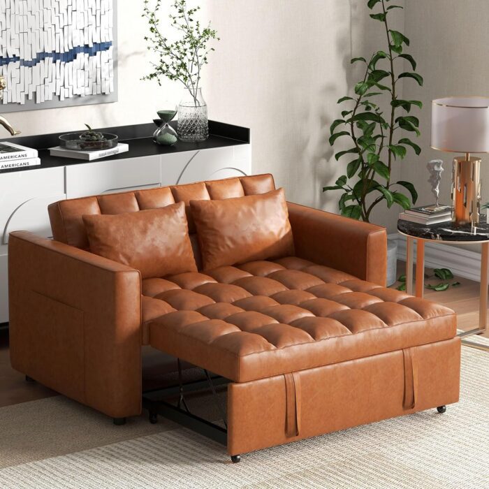 3 in 1 Convertible Faux Leather Sleeper Sofa Bed, Modern Loveseat Futon Couch Pullout Bed with Side Storage Pockets and Pillows, Small Love Seat Lounge Sofa Bed for Small Spacem, Brown