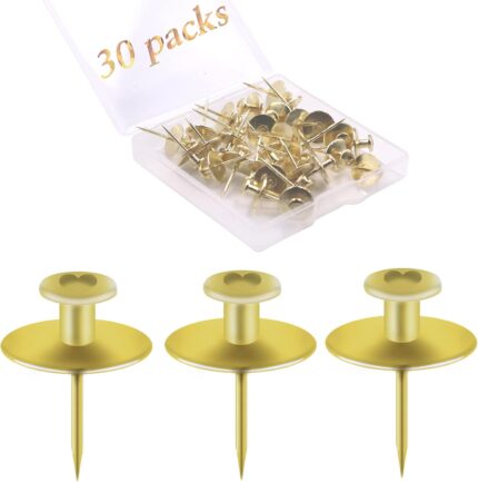 30 PCS Picture Hangers Hooks for Drywall, Double Headed Nails Push Pin Thumbtacks for Wall Hangings Picture, Decorative Small Hook Pins for Cork Board Home Office Photo Decorations (Gold)