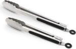 304 Stainless Steel Kitchen Cooking Tongs, 9" and 12" Set of 2 Sturdy Grilling Barbeque Brushed Locking Food Tongs with Ergonomic Grip, Black