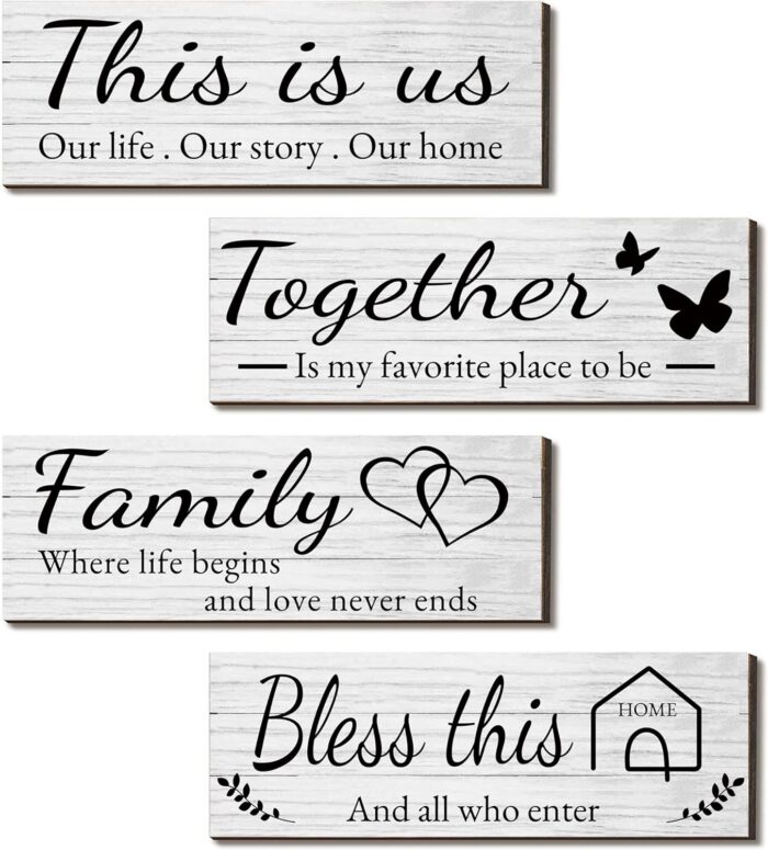 4 Pieces Wooden Home Wall Art Decor, Rustic, Farmhouse THIS IS US/TOGETHER/BLESS THIS HOME/FAMILY Decor Signs For Living Room Bedroom, 4.7 x 13.8 Inch(White)