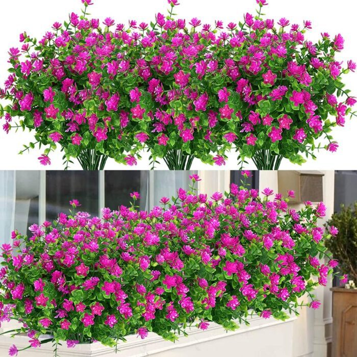 6 Bundles Outdoor Artificial Flowers UV Resistant Fake Boxwood Plants, Faux Plastic Greenery for Indoor Outside Hanging Plants Garden Porch Window Box Home Wedding Farmhouse Decor (Magenta)