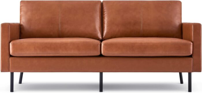 70" Top-Grain Leather Sofa, 2-Seat Upholstered Loveseat Sofa Modern Couch, Luxury Classic for Living Room Bedroom Apartment Office (Brown)