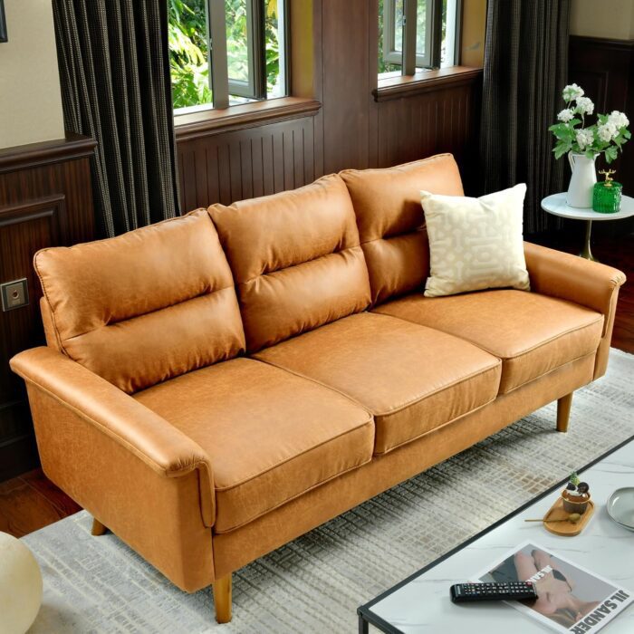 71" Brown Faux Leather Couches for Living Room,Mid-Century Modern 3 Seater Sofa Couch,Comfortable Deep Seat Loveseat Couch for Apartment Bedroom Office Small Space (Brown)