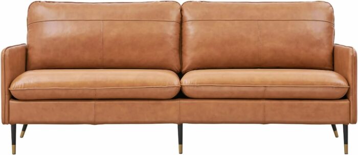 79" Genuine Leather Sofa, Top-Grain 3 Seater Leather Couch, Mid-Century Modern Upholstered Sofa for Living Room Bedroom Apartment Office, Cognac Tan