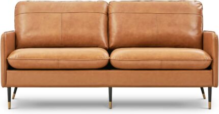 79" Top-Grain Leather Sofa, 3 Seater Leather Couch, Mid-Century Modern Couch for Living Room Bedroom Apartment Office, Cognac Tan