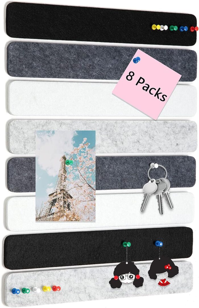 8 Packs Felt Pin Board Bar Strips Bulletin Board for Bedrooms Offices Home Wall Decoration, Notice Board Self Adhesive Cork Board with 50 Push Pins for Paste Notes, Photos, Schedules