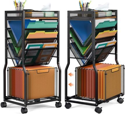 8 Tier Rolling File Cart with Hanging File Folder Organizer, Mobile File Organizer with 2 Sides Access Bookcase, Beside/Under Desk File Organizer Cart with Wheels for Office Home School Organization