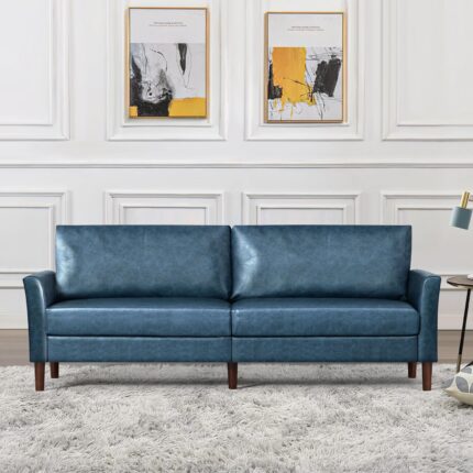 80” Faux Leather Loveseat Sofa with Wooden Legs, Modern Couch with Well-Filled backrest, Upholstered 2 Seater Sofa for Apartment, Office, Living Room, Blue