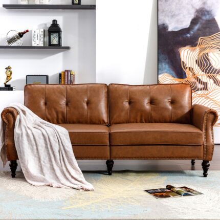 80” Leather Faux Loveseat Sofa, Mid-Century Modern Couch with Soft Cushion and Firm Structure, Perfect Furniture for Living Room, Bedroom, Small Space.(Brown)