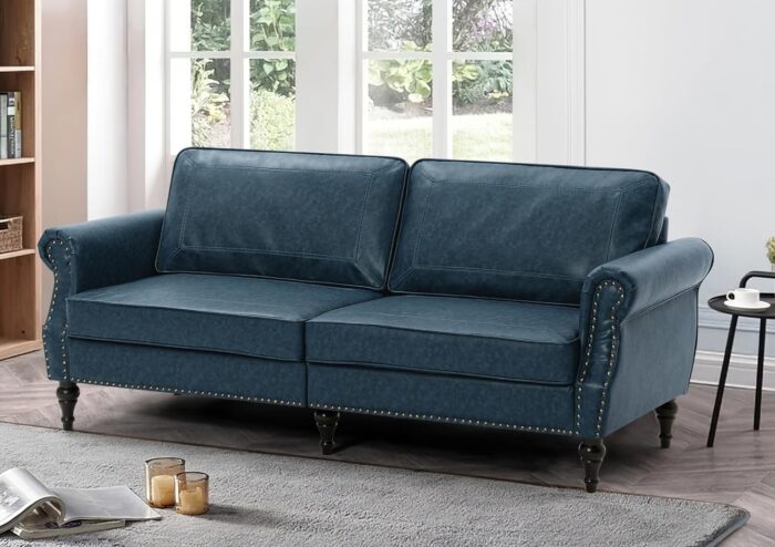 80" Traditional Faux Leather Loveseat Sofa w/Naillhead Trim, Classic 2-Seat Sofa w/Turned Wooden Legs,Modern Couch w/Upholstered Backrests for Living Room, Apartment, Blue