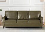 80” Traditional Faux Leather Sofa with Nailhead Trim, Classic 3-Seat Couch with Turned Wooden Legs, Mid-Century Sofa with Rolled Armrest for Living Room, Office, Olive Green