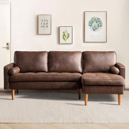 83" Small Sectional Sofa Couches for Living Room,Mid-Century Modern L-Shape Sofa Couch with Chaise,Faux Leather Comfy Chaise Sofa for Office Apartment Small Space,Drak Brown