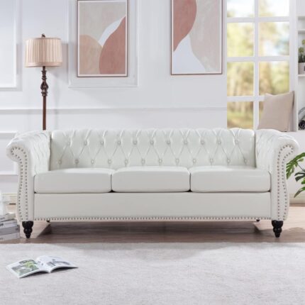 84" Modern Chesterfield Couch PU Leather, Rolled Arm Tufted Back 3 Seater Sofa, Upholstery Nailhead Trim Couches for Living Room Office (White)