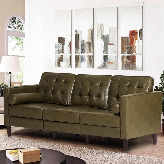 84" Premium Faux Leather 3-Seat Sofa w/Two Bolster Pillows and Tufted Backrest, Mid-Century Modern Sofa, Luxury Couch for Living Room, Bedroom, Office, Olive Green