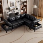 94.8" L-Shaped Pu Leather Sofa with 2 Movable Storage Ottoman, Modern Sectional Sofa Set for Living Room, Apartment, Black